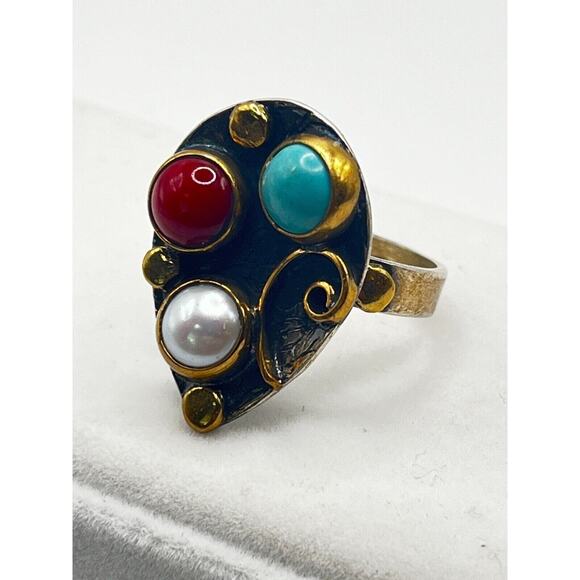 STERLING SILVER .925 Turquoise, Pearl & Coral Bead Ring 9.5 - Picture 5 of 5